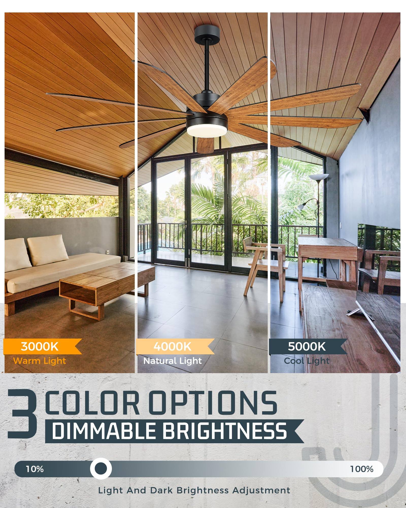 3000K Warm Light  
4000K Natural Light  
5000K Cool Light  

3 COLOR OPTIONS  
DIMMABLE BRIGHTNESS  

10% - 100%  
Light And Dark Brightness Adjustment