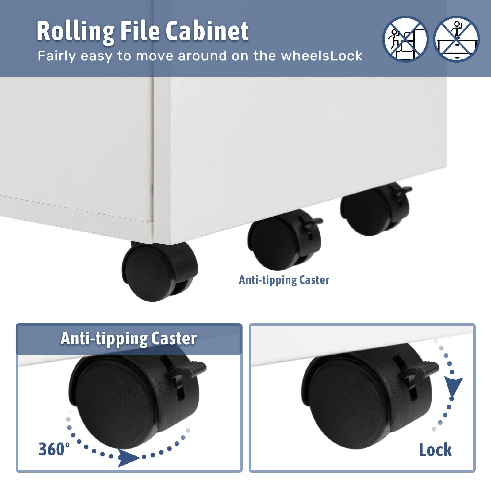 Rolling File Cabinet  
Fairly easy to move around on the wheelsLock  

Anti-tipping Caster  

Anti-tipping Caster  
360°  

Lock