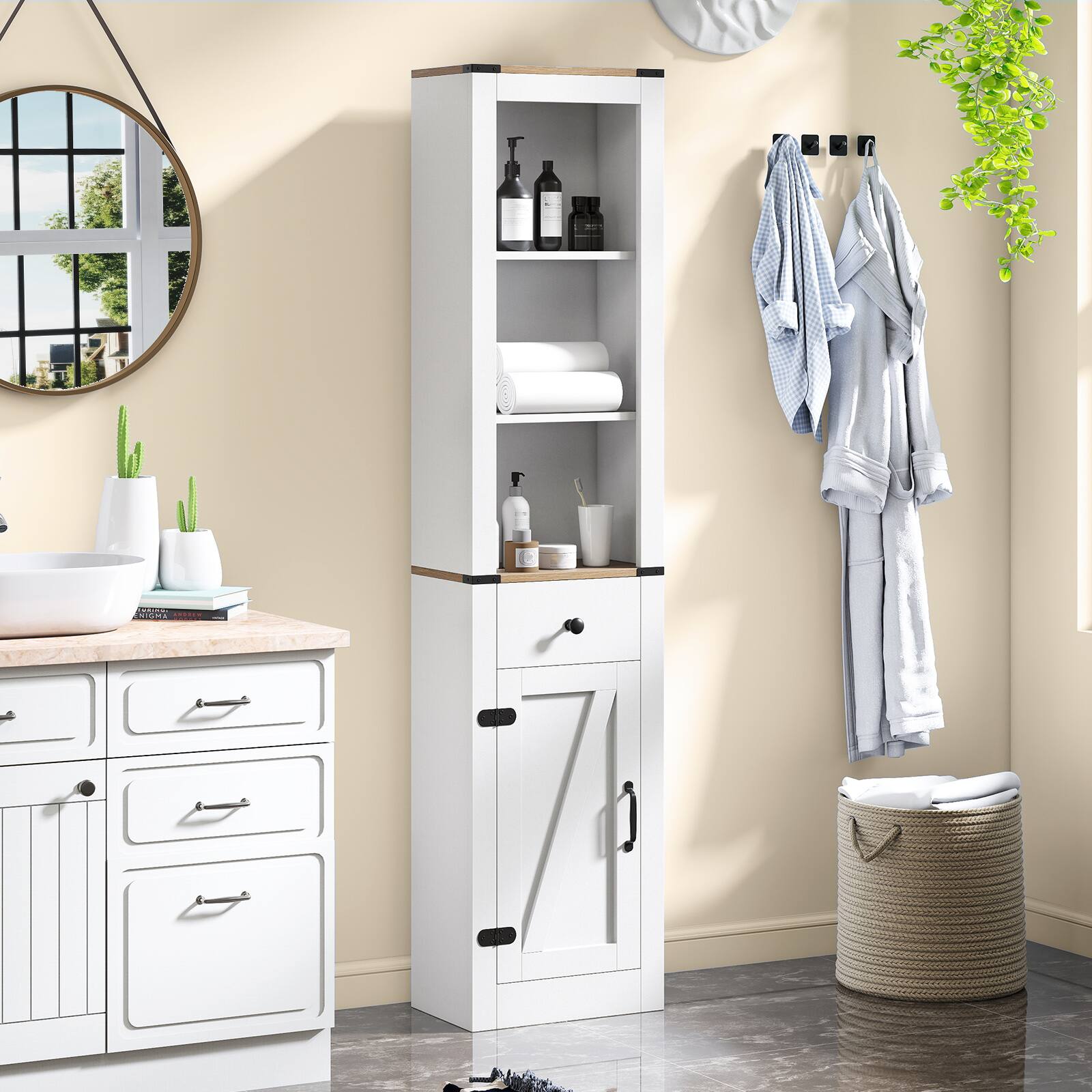 Alt View 3. Gymax - Gymax 68'' Tall Bathroom Cabinet w/ Barn Door Drawer & Adjustable Shelf for Laundry - White, Natural.