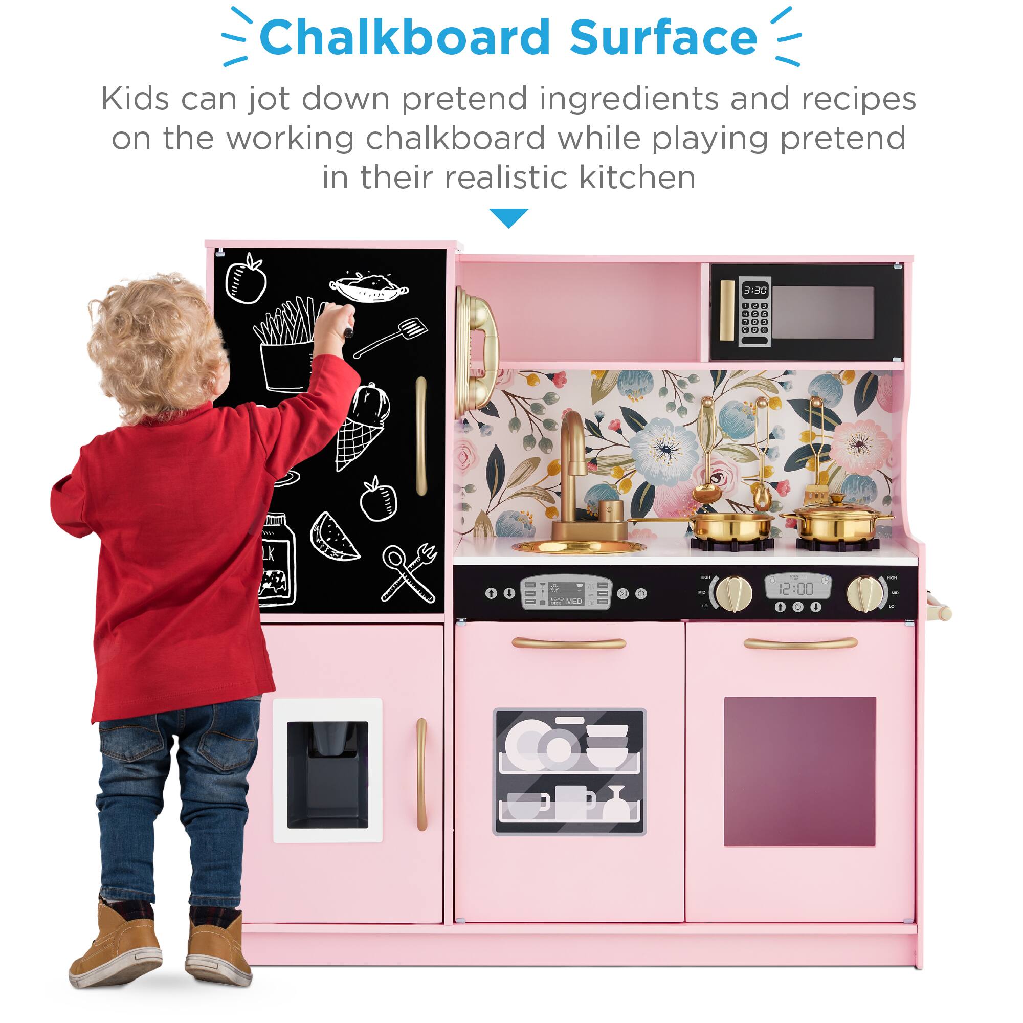 Chalkboard Surface

Kids can jot down pretend ingredients and recipes on the working chalkboard while playing pretend in their realistic kitchen.