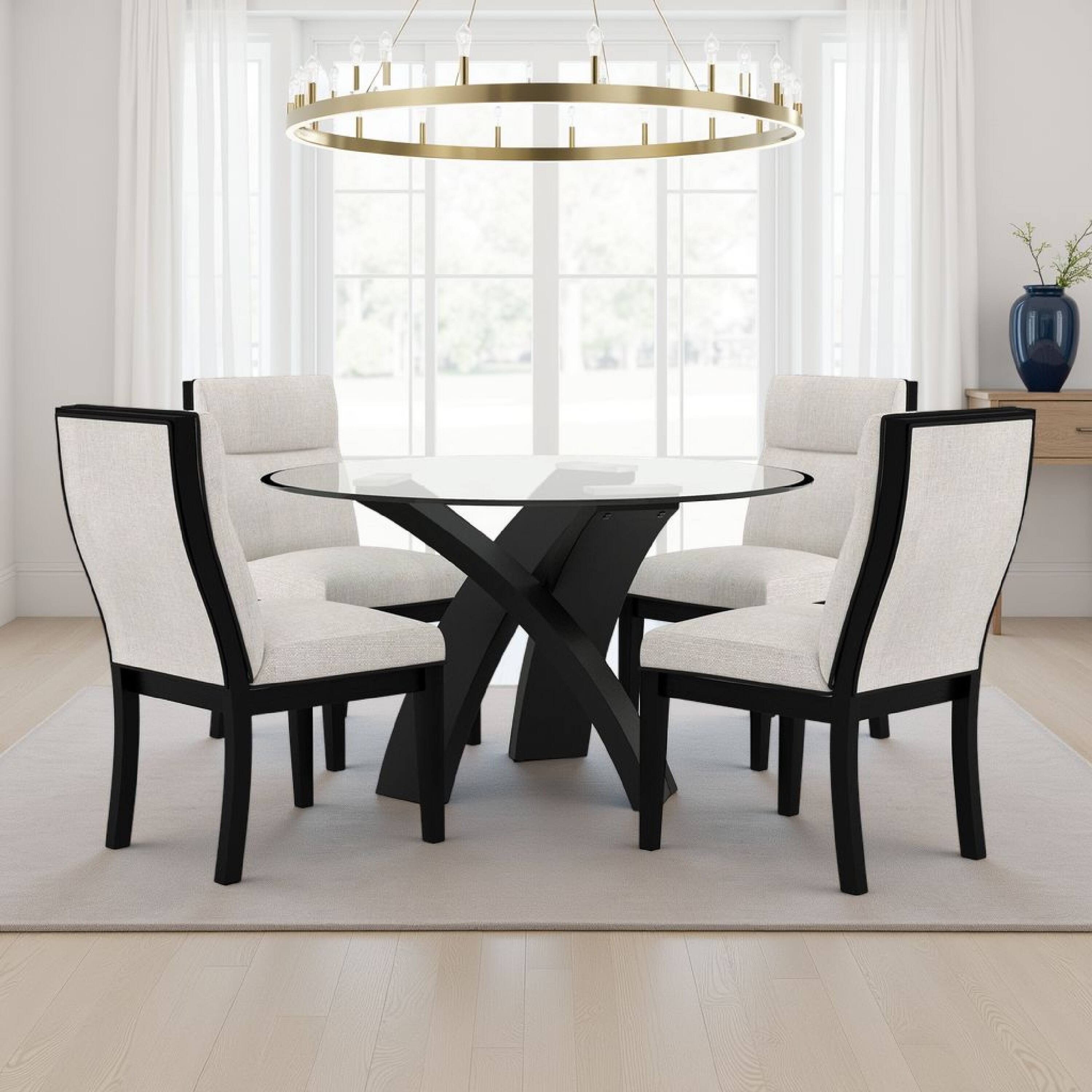 Alt View 5. Manhattan Lane - Moi 5pc Dining Table and Chair Set, 52 Inch Round Glass, White Black - Black, White.