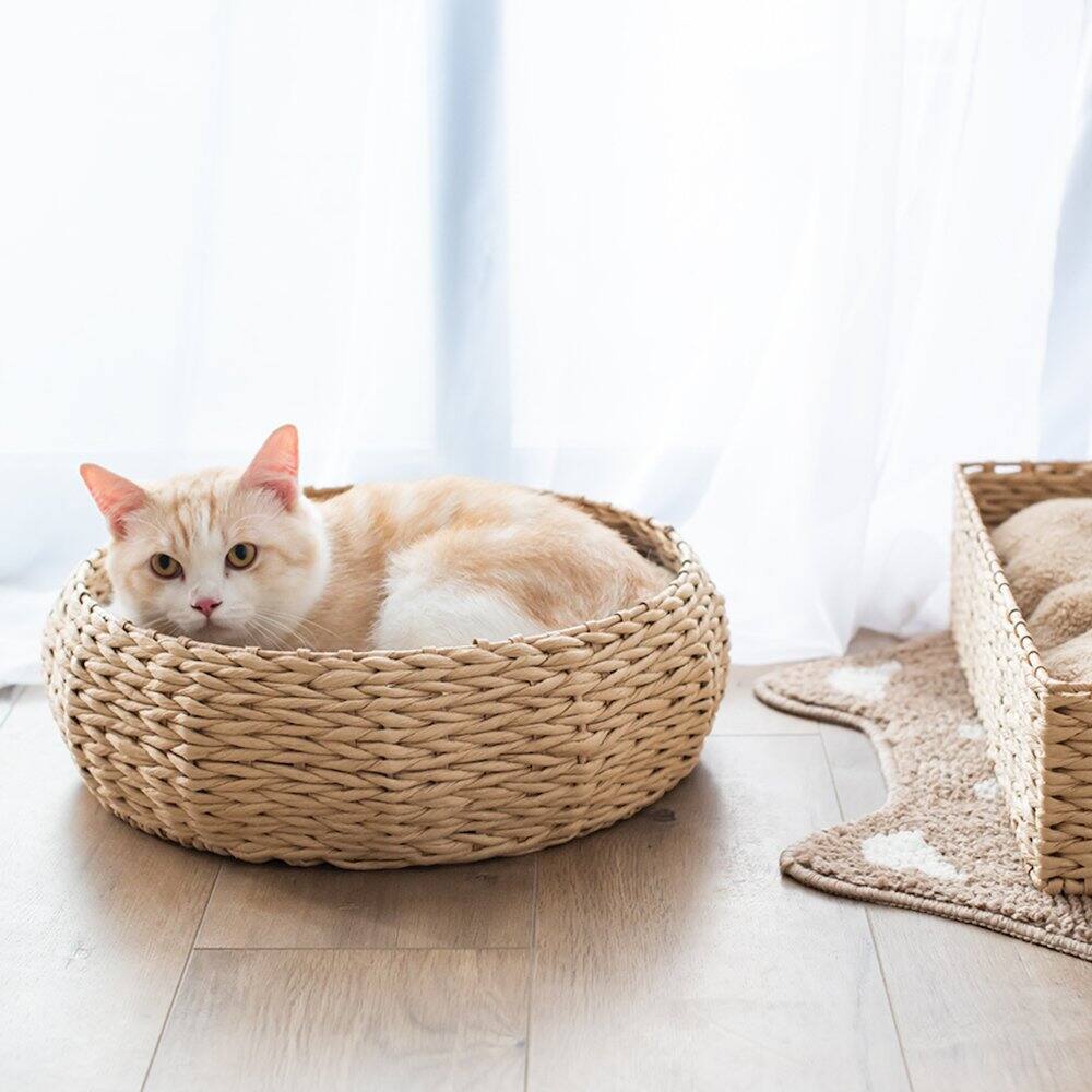 Back. PetPals - Paper Rope Wicker Design Round Cat Bed - Brown.