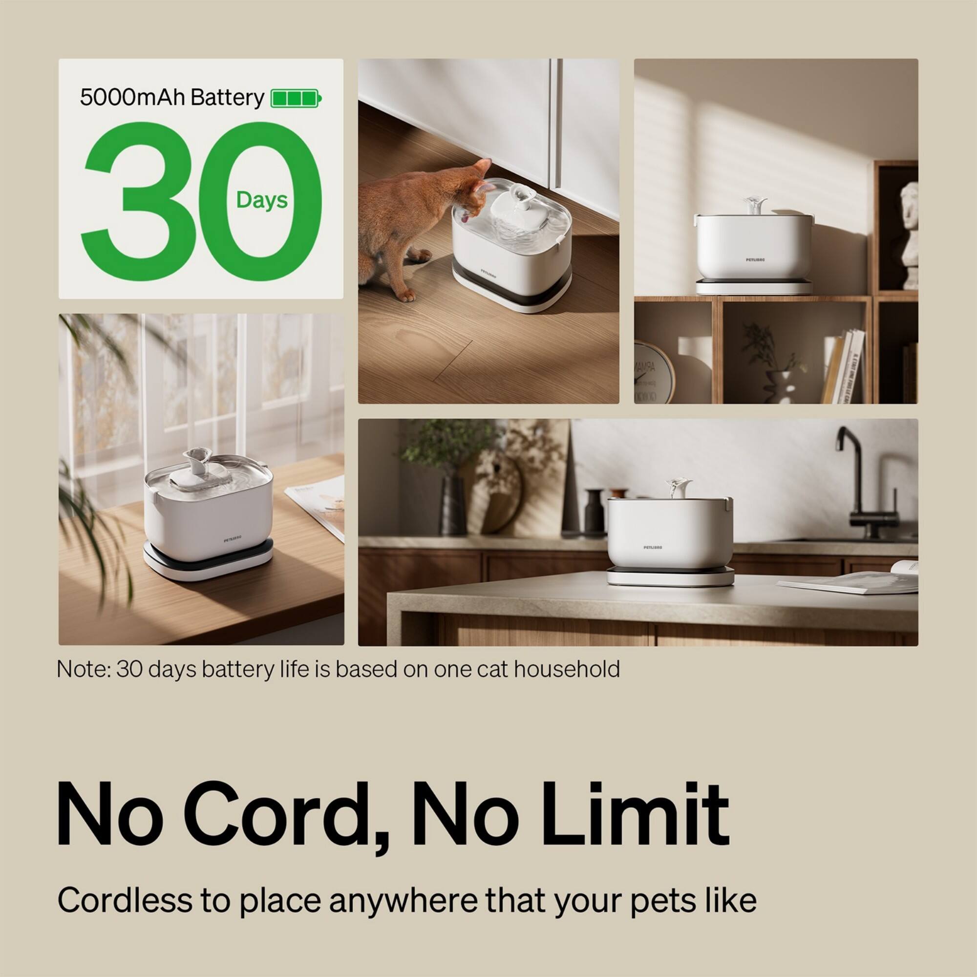 5000mAh Battery 30 Days Note: 30 days battery life is based on one cat household No Cord, No Limit Cordless to place anywhere that your pets like