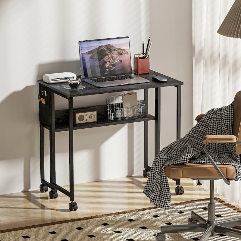 Anysun - 31.5" Folding Computer Desk with Storage Bag, Shelf & Wheels, Space-Saving Mobile Desk for Home Office or Small Spaces - Black