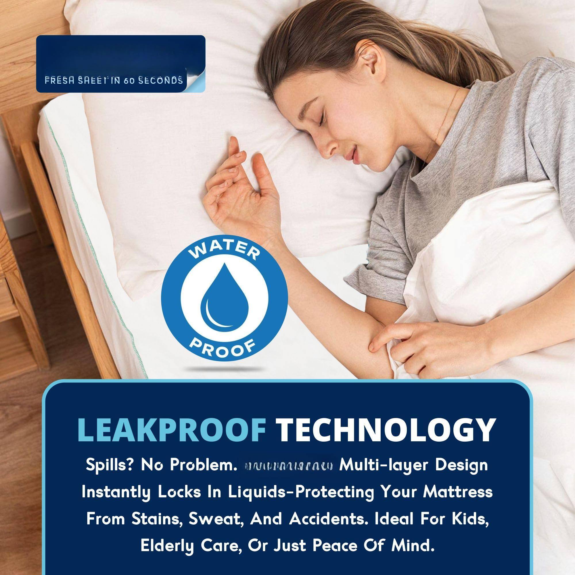 FRESA SAEETIN IN 60 SECONDS

WATER PROOF

LEAKPROOF TECHNOLOGY

Spills? No Problem. Multi-layer Design Instantly Locks In Liquids-Protecting Your Mattress From Stains, Sweat, And Accidents. Ideal For Kids, Elderly Care, Or Just Peace Of Mind.
