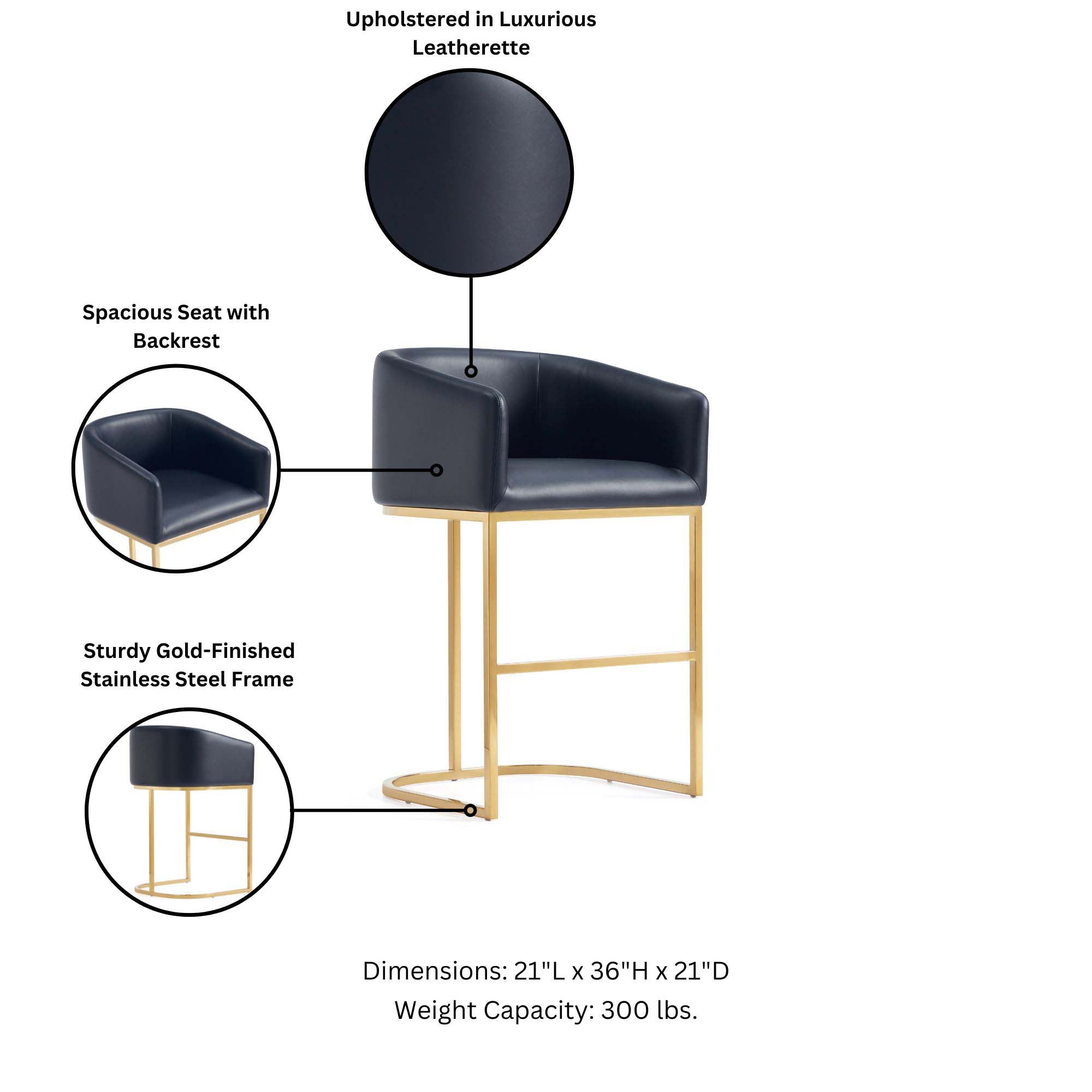 Upholstered in Luxurious Leatherette  
Spacious Seat with Backrest  
Sturdy Gold-Finished Stainless Steel Frame  
Dimensions: 21"L x 36"H x 21"D  
Weight Capacity: 300 lbs.