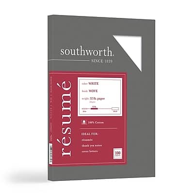 southworth  
SINCE 1839  

resume  
envelope: WHITE  
weight: 32 lb paper  
ideal for:  
resumes  
thank-you notes  
cover letters  

100% Cotton  
100% Setters  

100
