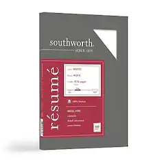southworth
SINCE 1839
resume
envelope: WHITE
weight: 32 lb paper
ideal for:
resumes
thank-you notes
cover letters
100% Cotton
100% Setters
100