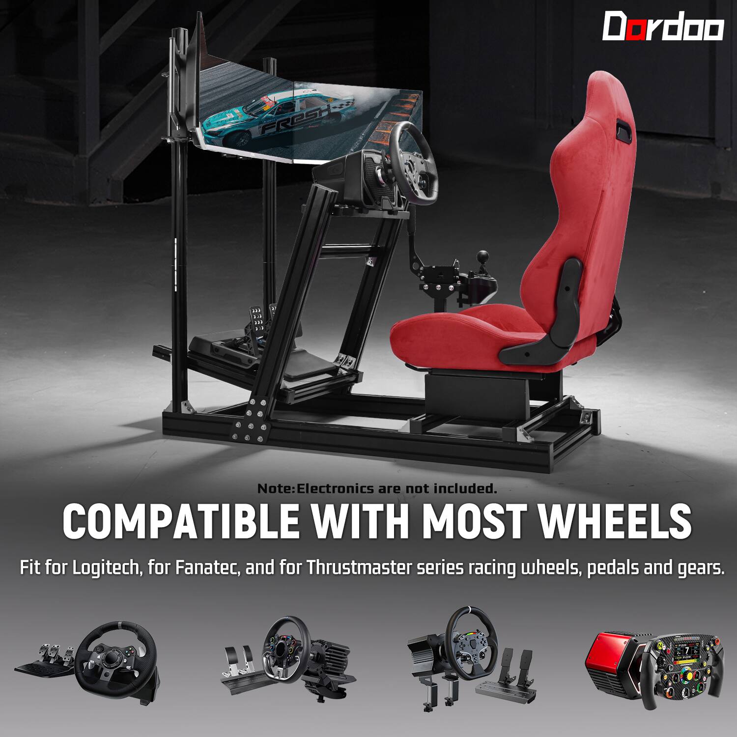 Dordoo  
FRESH-39  

Note: Electronics are not included.  
COMPATIBLE WITH MOST WHEELS  
Fit for Logitech, for Fanatec, and for Thrustmaster series racing wheels, pedals and gears.