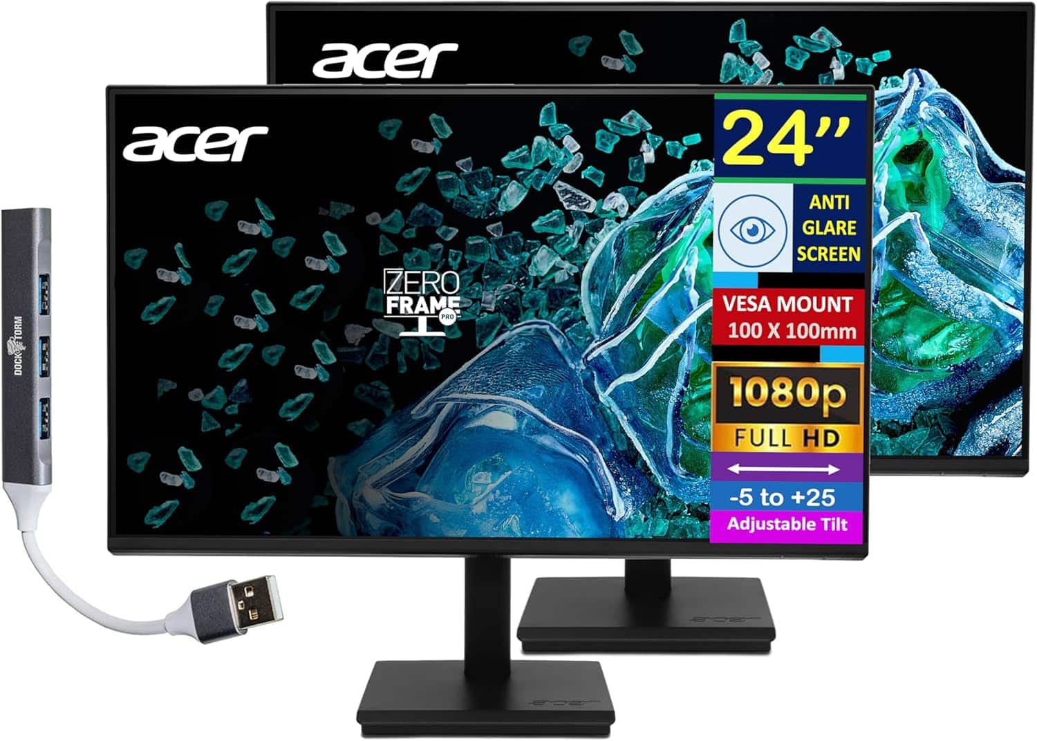 Acer - 24" FHD IPS Monitor with 4ms Response Time, Anti Glare, VESA Mount (100mm), HDMI, VGA & DKZ Hub, Color 2 Pack - Black