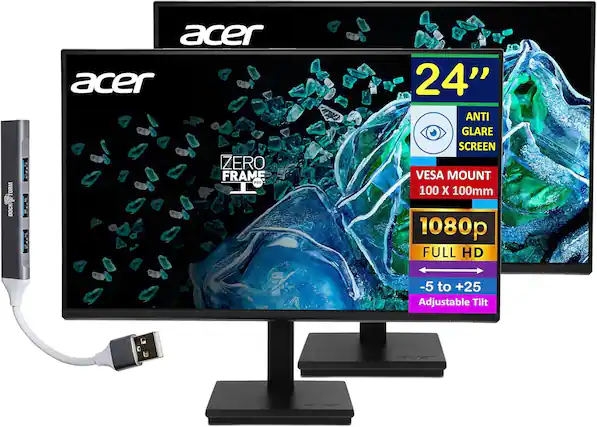 Acer Zero Frame Pro 24" Anti Glare Screen
VESA Mount 100 x 100mm
1080p Full HD
-5 to +25 Adjustable Tilt