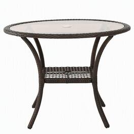 RYHNUYNE - Outdoor Patio Coffee Table with Tempered Glass Top & Lower Shelf,Rattan Side Table for Garden Balcony Deck - Brown