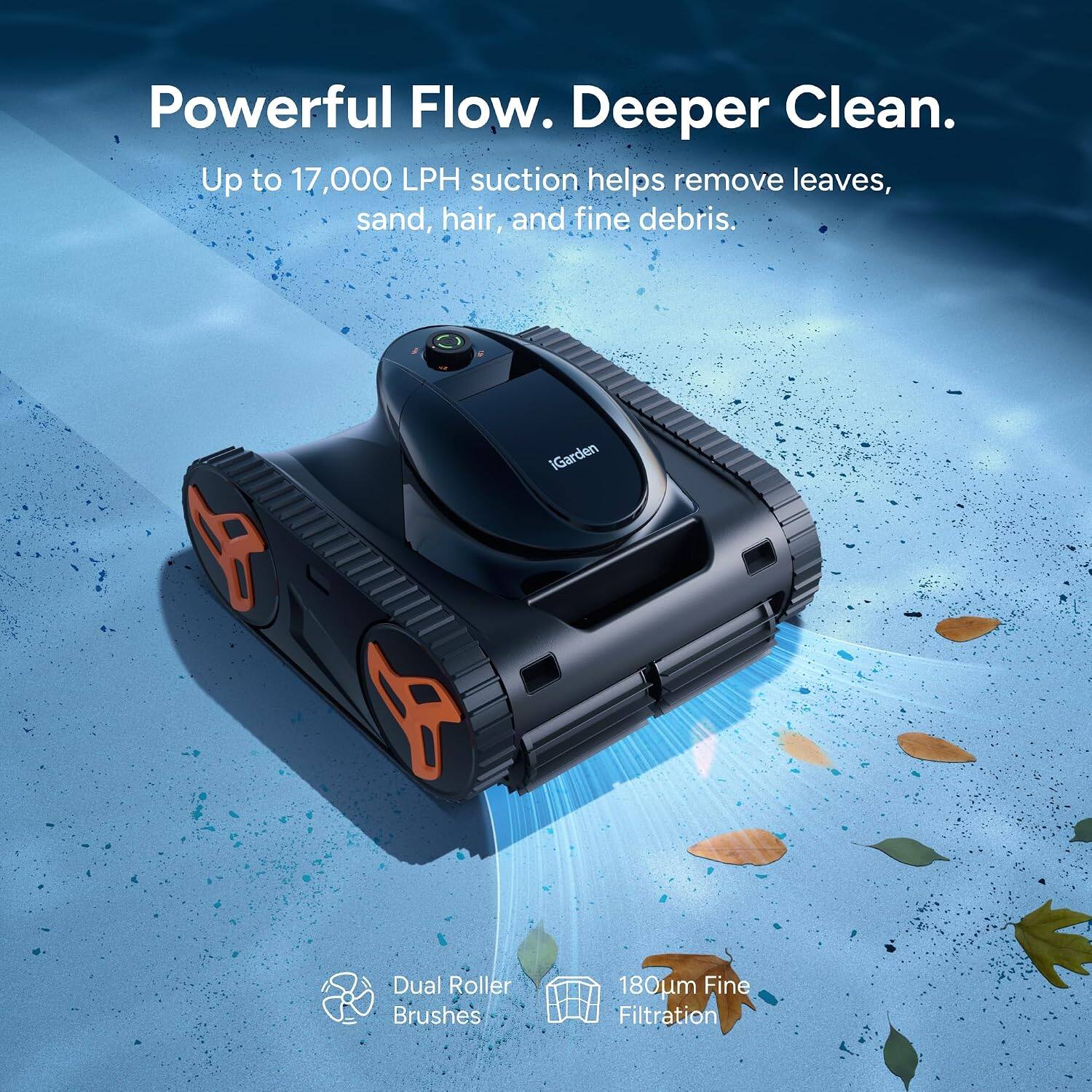 Powerful Flow. Deeper Clean.  
Up to 17,000 LPH suction helps remove leaves, sand, hair, and fine debris.  
IGarden Dual Roller Brushes 180µm Fine Filtration
