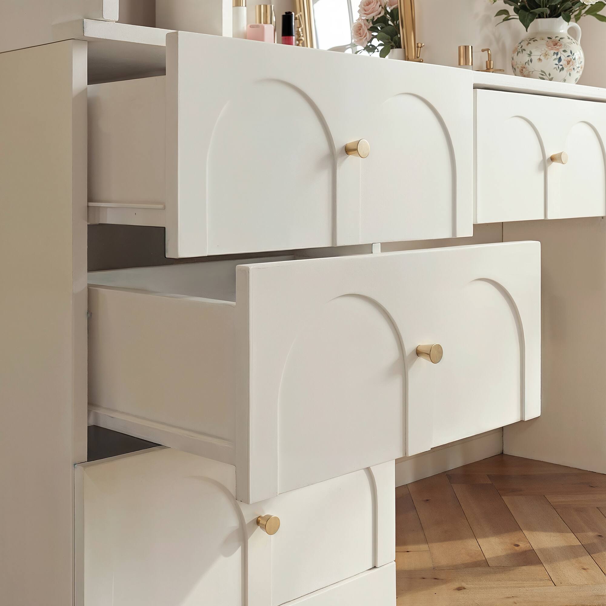 Alt View 1. Famapy - French Vintage Vanity & Desk Combo – White Arched Cabinet with Drawer, Glass Doors, for Bedroom or Home Office - White.
