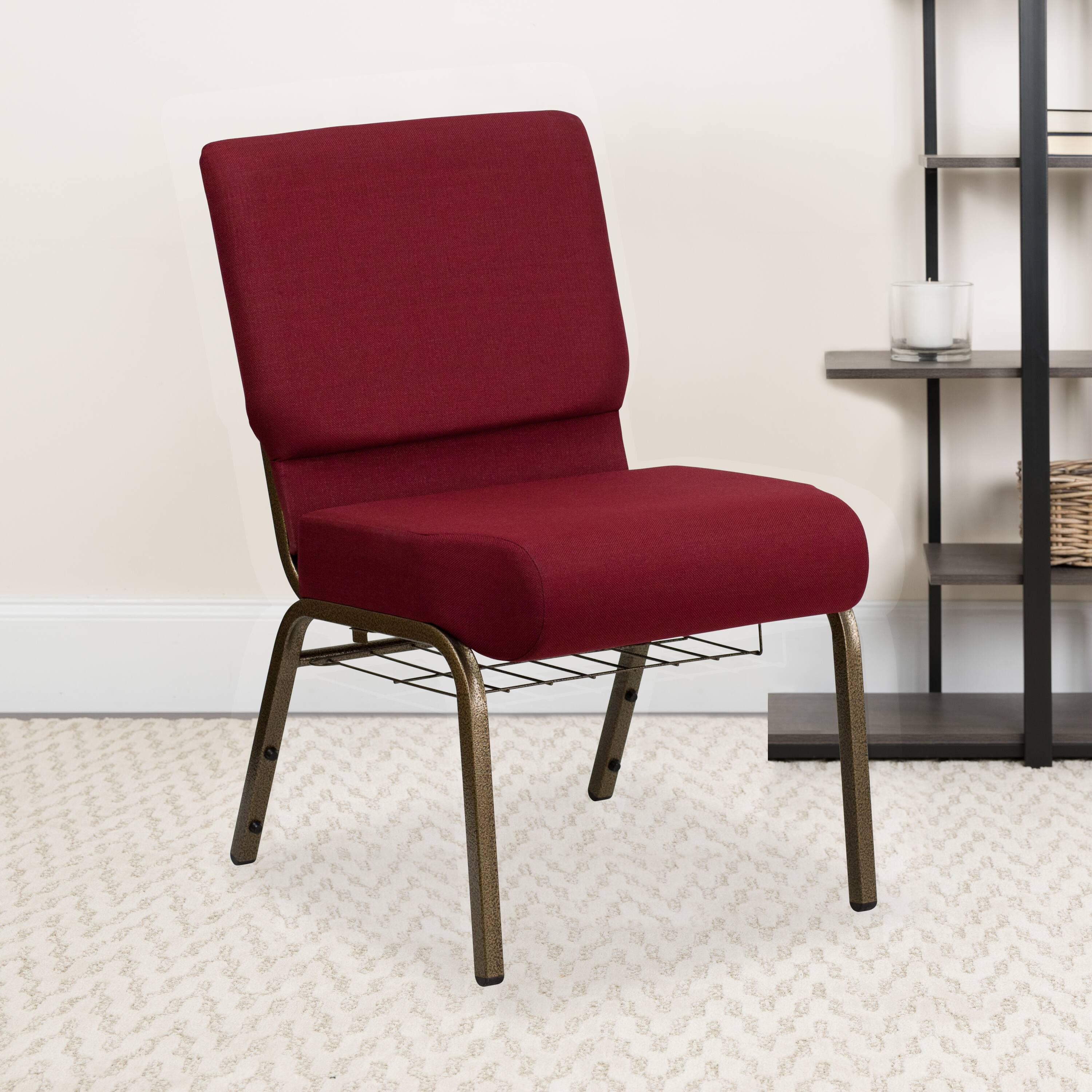 Alt View 1. Emma + Oliver - 21"W Church/Reception Guest Chair with Communion Cup Book Rack - Burgundy Fabric/Gold Vein Frame.