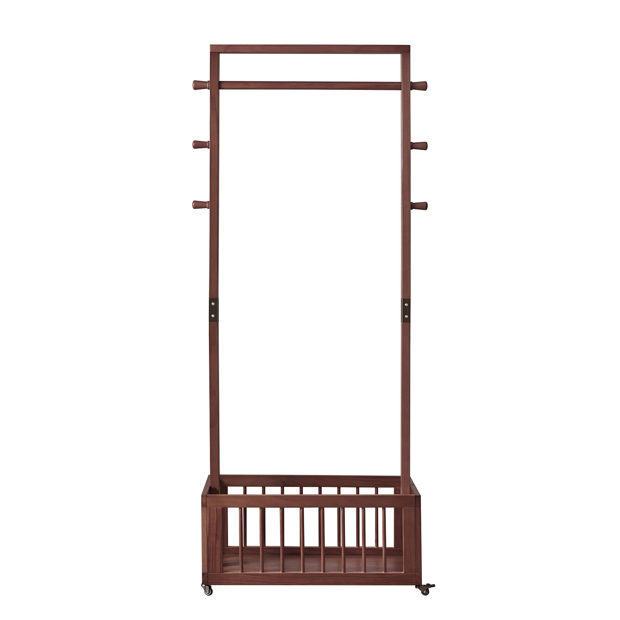 MERAVOM Solid Wood Freestanding Coat Rack with Rolling Wheels & Storage ...