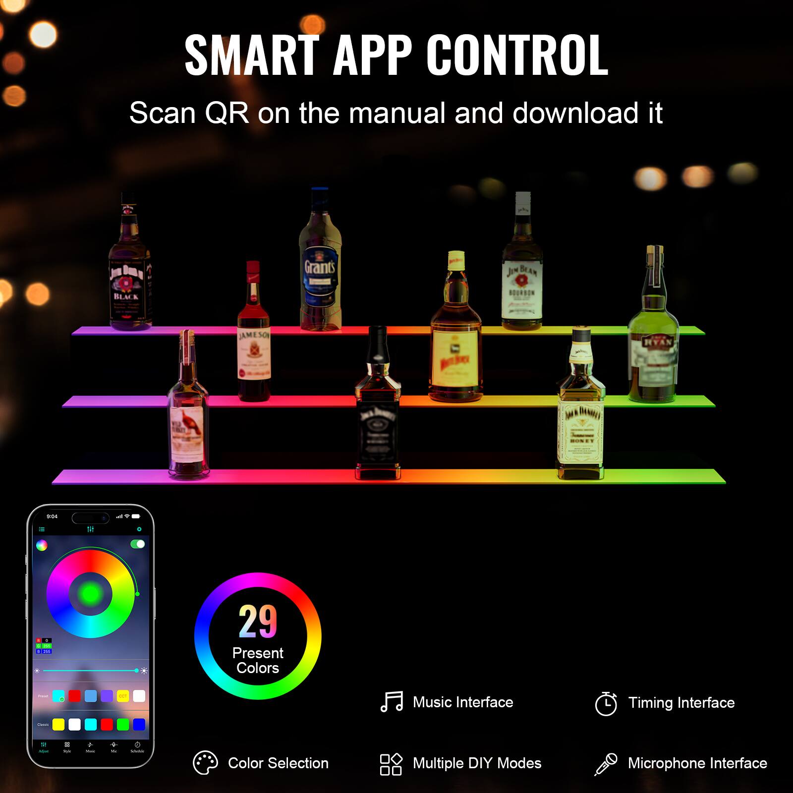 SMART APP CONTROL  
Scan QR on the manual and download it  

- 29 Present Colors  
- Music Interface  
- Timing Interface  
- Color Selection  
- Multiple DIY Modes  
- Microphone Interface