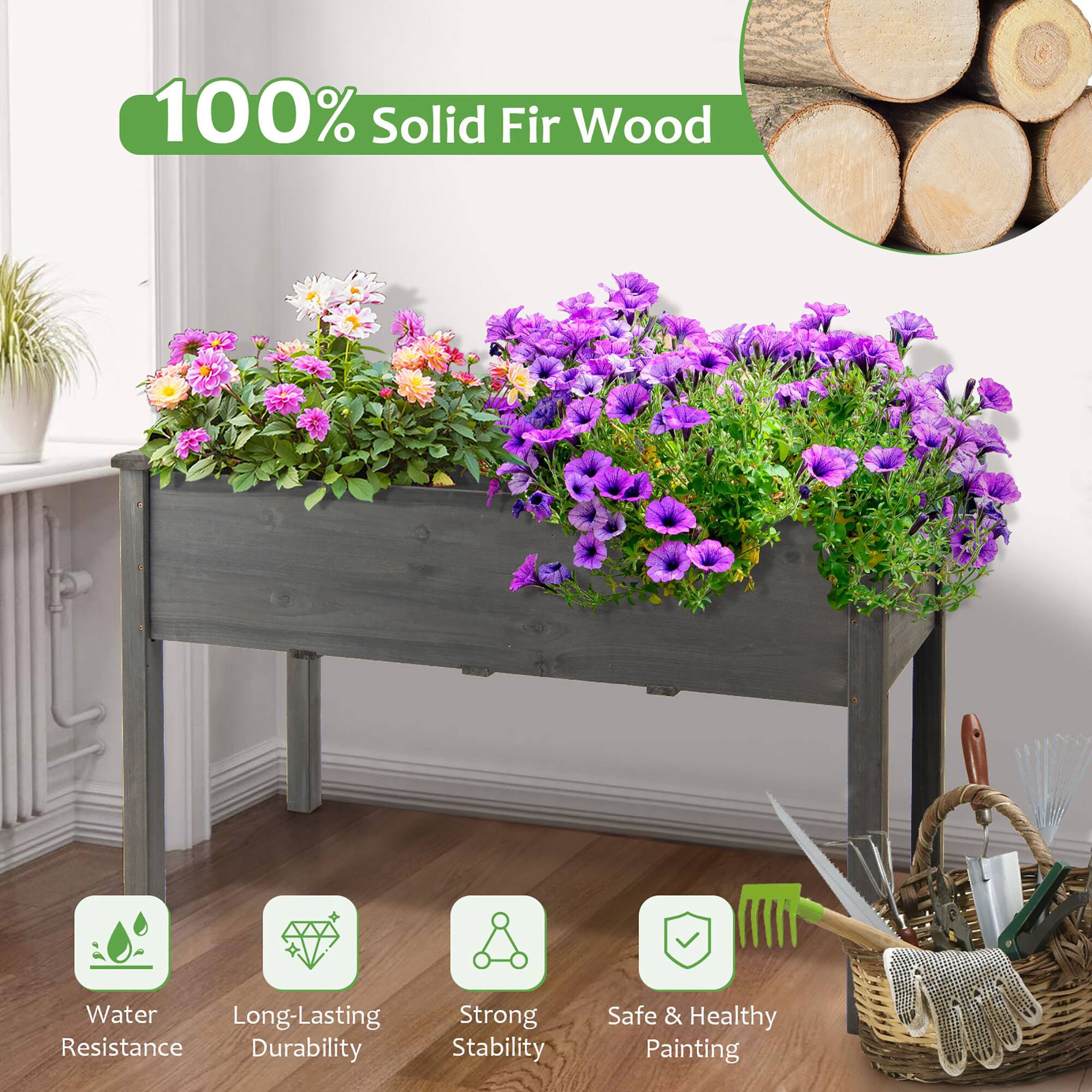 The text on the image is grouped and corrected as follows:

100% Solid Fir Wood:
- Water-resistant
- Long-lasting
- Strong resistance
- Durability
- Stability
- Safe & healthy
- Painting