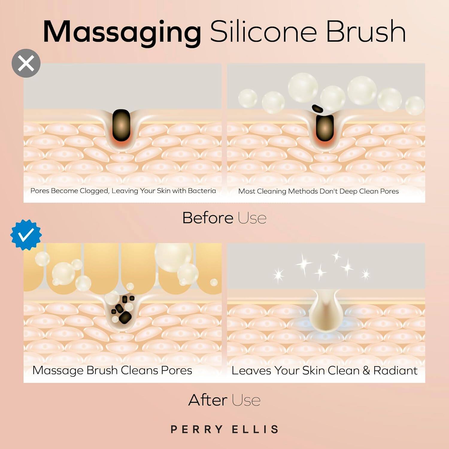 **Massaging Silicone Brush**

- Pores Become Clogged, Leaving Your Skin with Bacteria
- Most Cleaning Methods Don't Deep Clean Pores

**Before Use**

- Massage Brush Cleans Pores
- Leaves Your Skin Clean & Radiant

**After Use**

**PERRY ELLIS**