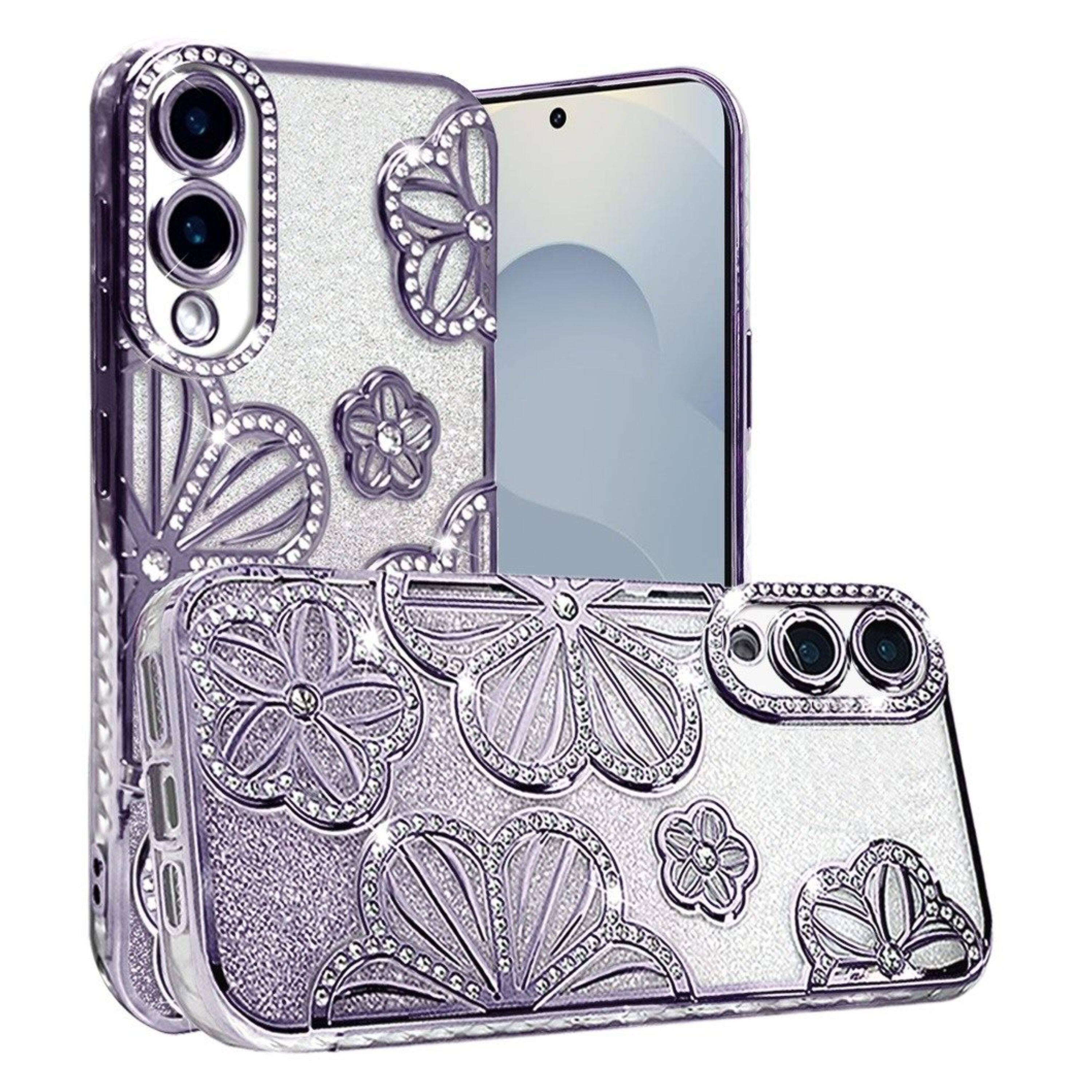 Angle. Kitcheniva - Floral 3D Glitter Phone Cover With Tempered Glass For Samsung Galaxy S25 Edge Purple - Purple.