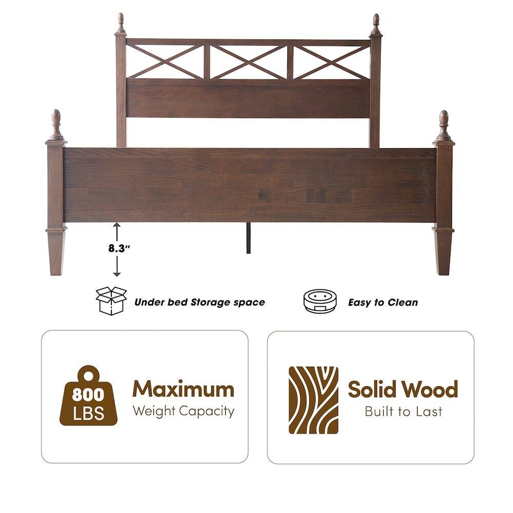 8.3" Under bed Storage space  
Easy to Clean  
800 Maximum LBS Weight Capacity  
Solid Wood Built to Last