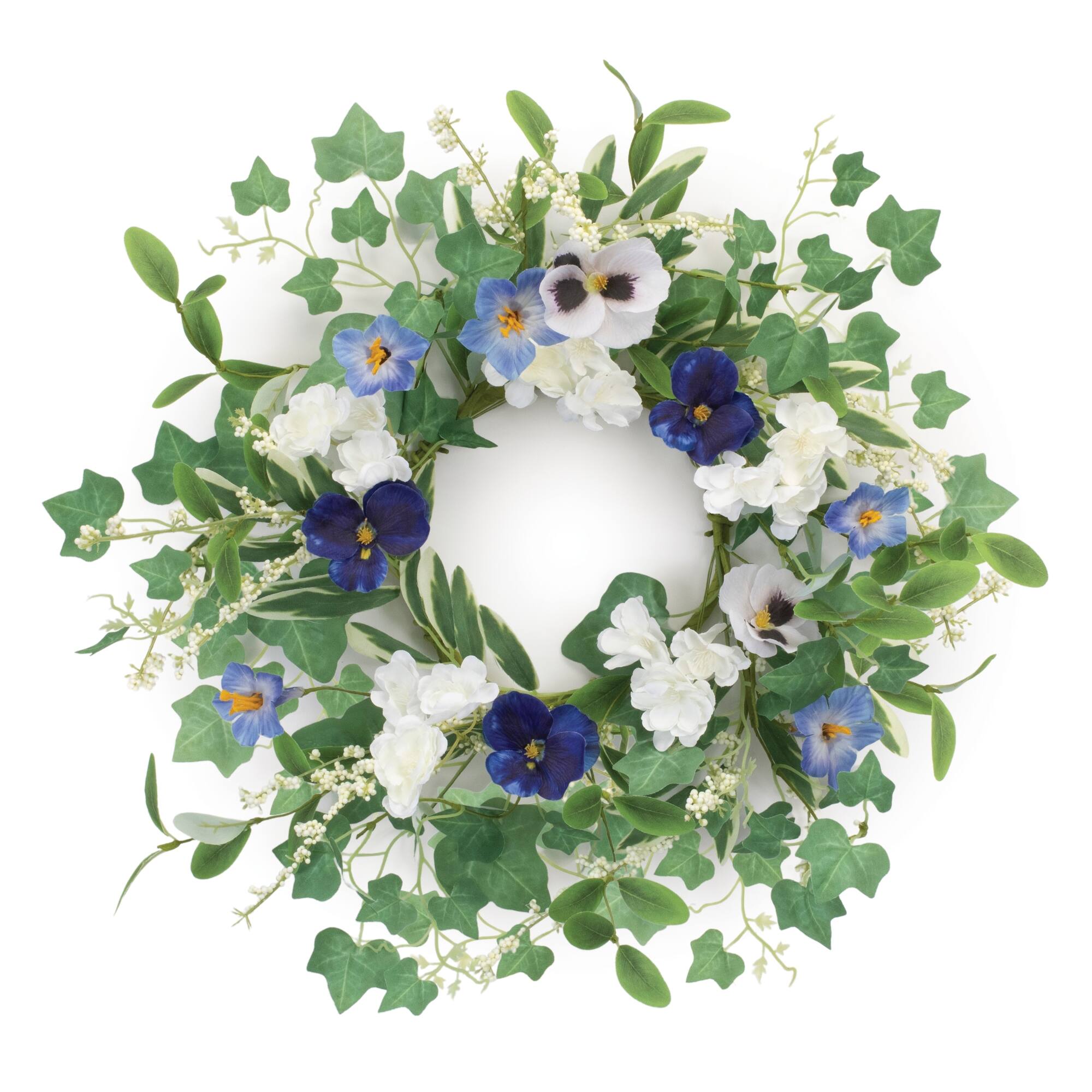 Angle. BreeBe - Mixed Petunia Pansy Candle Ring 16"D - Green, White.