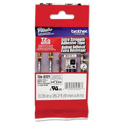 P-touch
ELECTRONIC LABELING SYSTEM
SYSTÈME D'ÉTIGUETAGE ÉLECTRONIQUE
at your side
Extra Strength Adhesive Tape
Ruban Adhésif Extra Résistant
Compatible with P-touch labelers that use TZ tape
Compatible aux étiqueteuses P-touch qui utilisent le ruban TZ
TZe-S221
BLACK Print or WHITE Tape
Impression NOIRE ou ruban BLANC
0.35 in x 26.2 ft (9 mm x 8 m)
Compatible with TZe-S221
Compatible avec TZe-S221
12502 62626 8