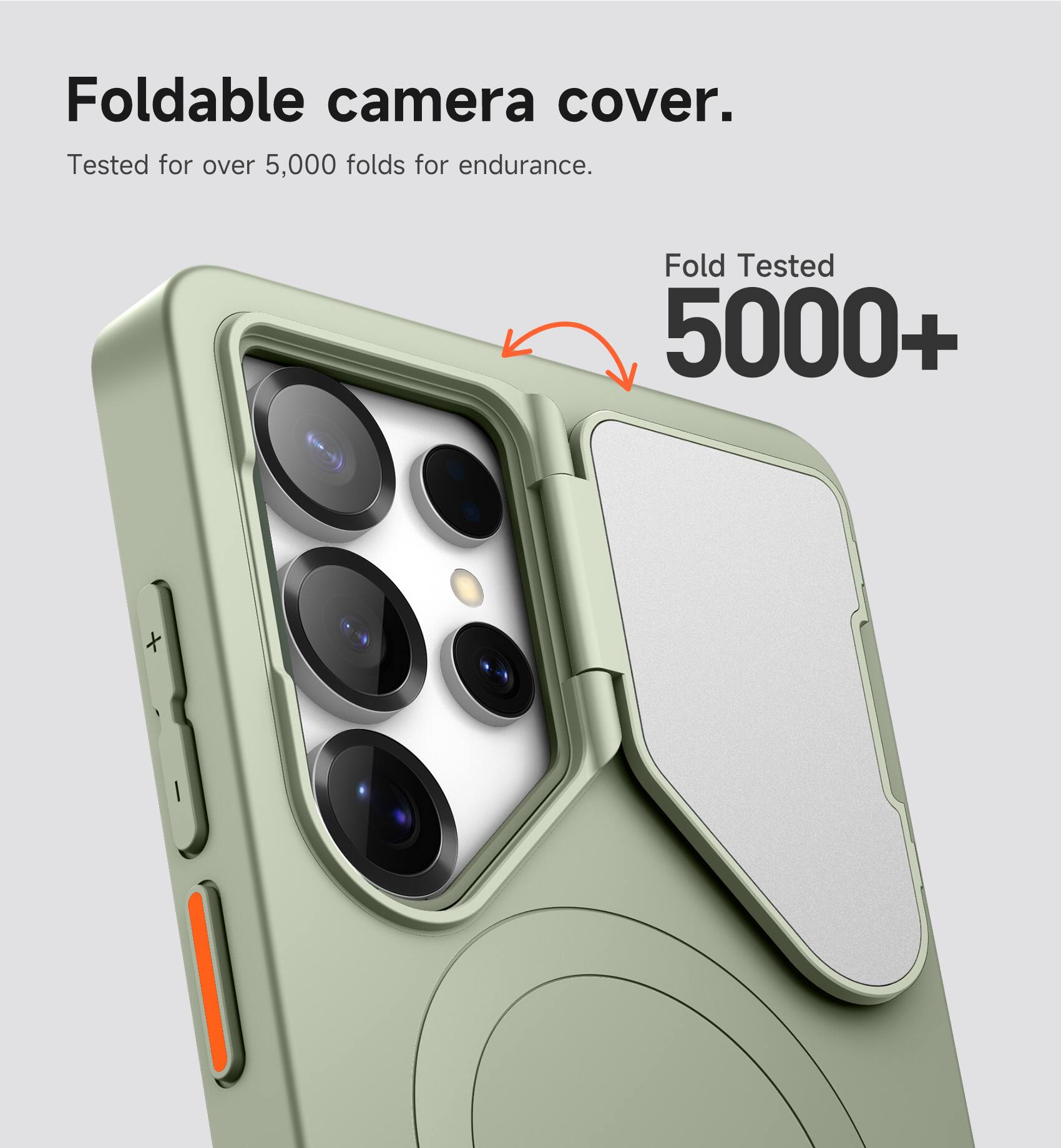 Foldable camera cover.  
Tested for over 5,000 folds for endurance.  
Fold Tested 5000+