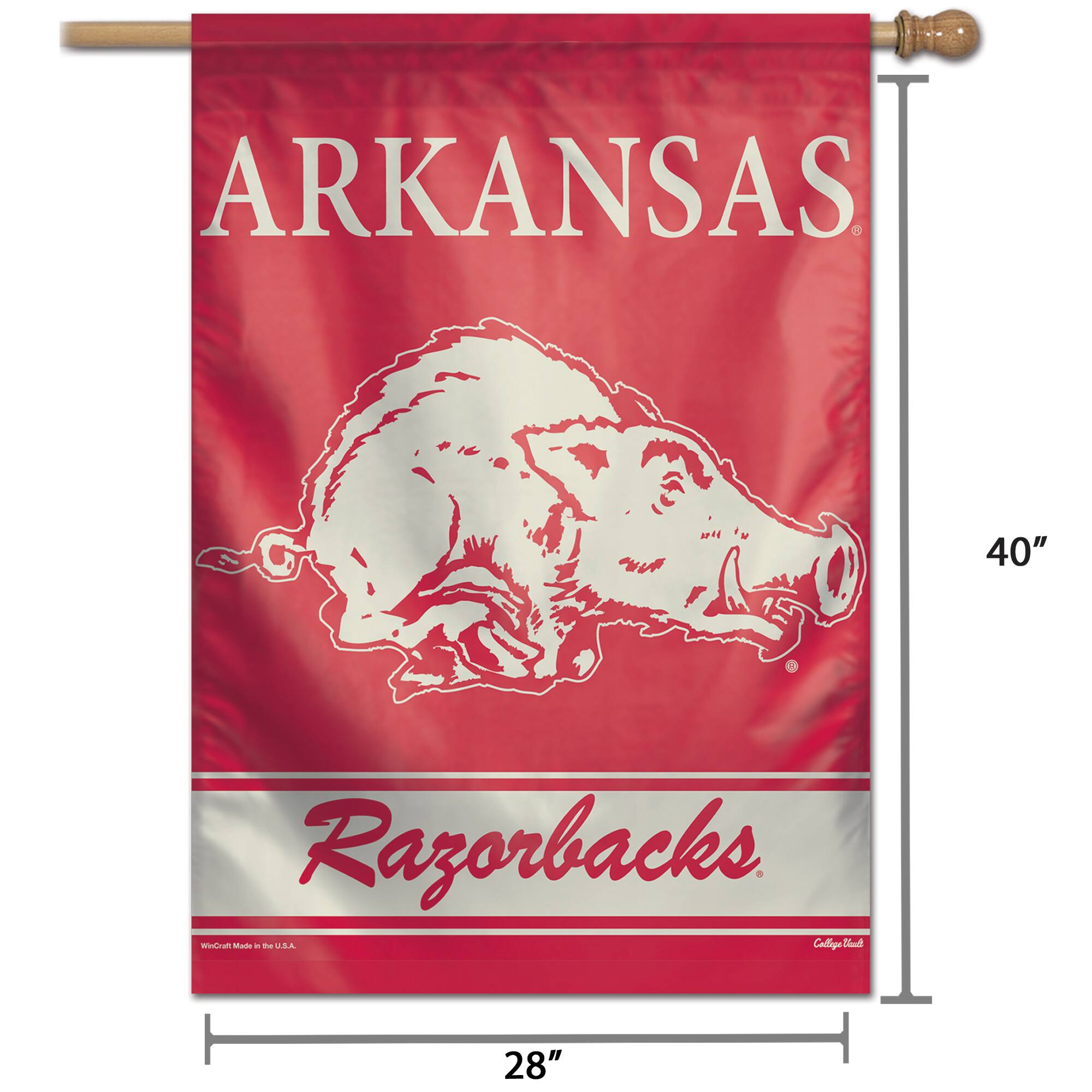 ARKANSAS  
Razorbacks  
College Flag  
40" x 28"  
Made in the U.S.A.