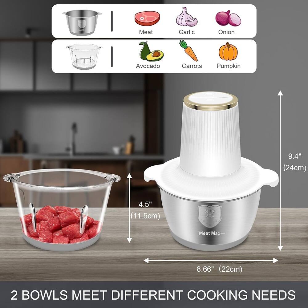 - Meat
- Garlic
- Onion
- Avocado
- Carrots
- Pumpkin

- 9.4" (24cm)
- 4.5" (11.5cm)
- SUS 304
- Meat Max
- 8.66" (22cm)
- 2 BOWLS MEET DIFFERENT COOKING NEEDS