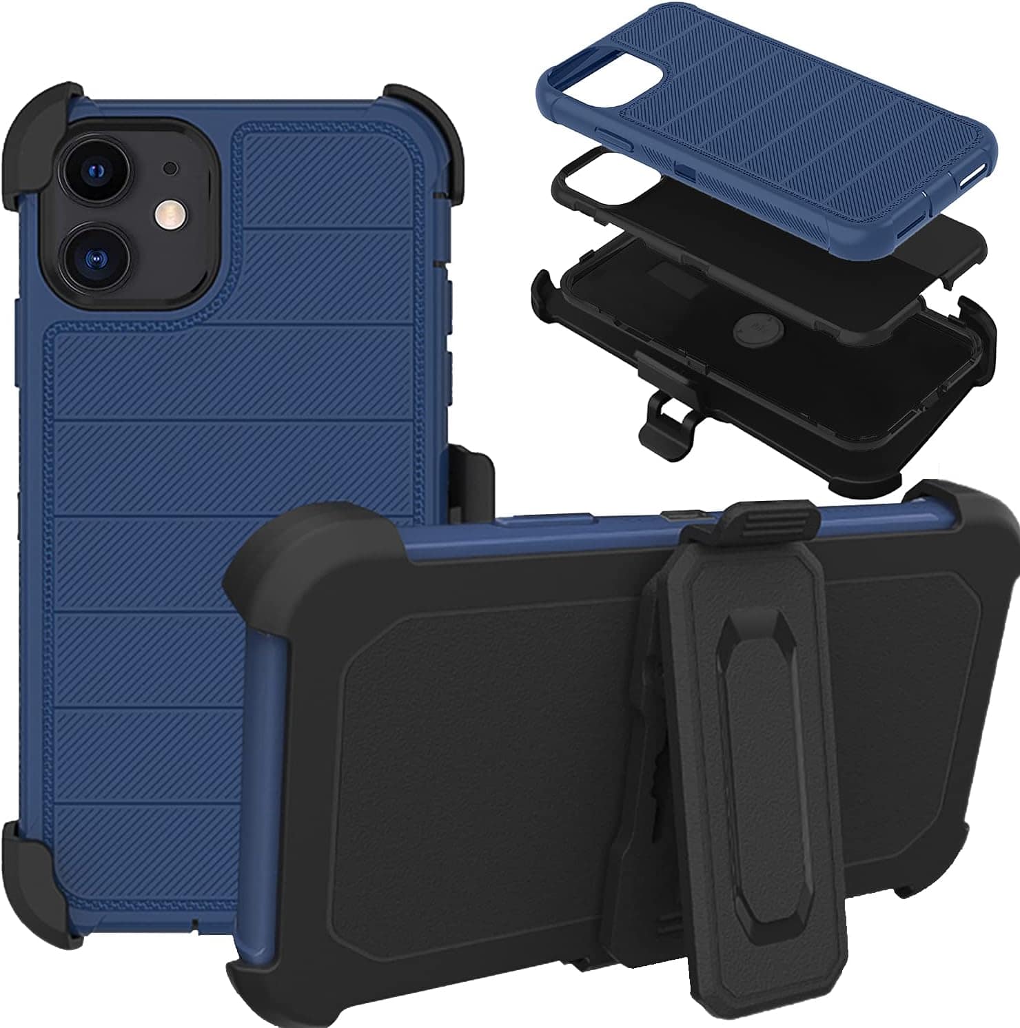 DuraSafe Cases - iPhone 12/iPhone 12 PRO - 6.1" Triple-Layer Defense Phone Case with Air-Cushion Corners - Navy Blue(With Holster)