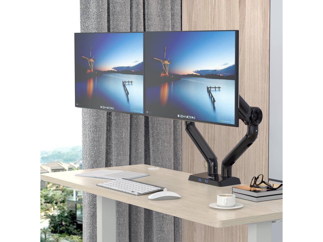Rosewill - Dual Monitor Mount, 13-35" USB, Height Adjustable, VESA Clamp/Grommet Base, 26.4lbs Each - Black