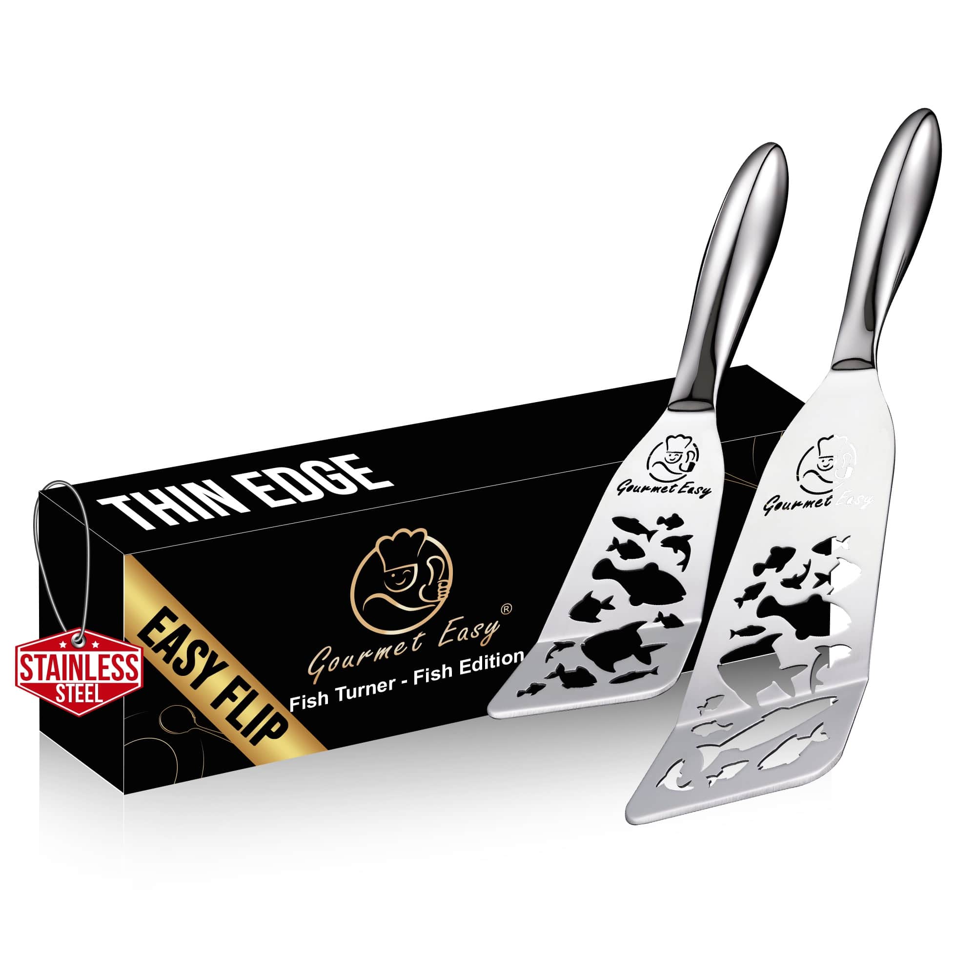 Gourmet Easy - Fish Spatula Set – Funky Fish Edition, 1 Large + 1 Small Metal Spatula, Ultra Thin Edge for Easy Turning - Stainless Steel