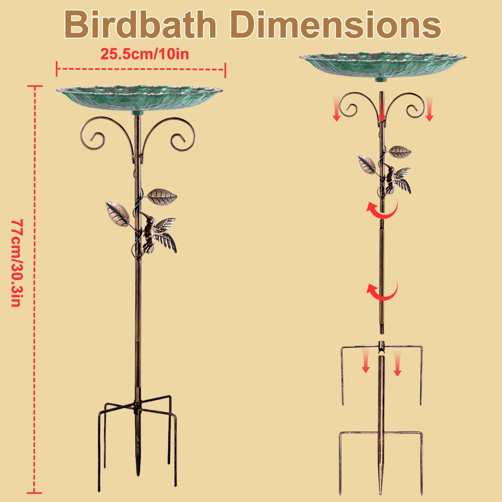 Birdbath Dimensions  
25.5cm/10in  
77cm/30.3in