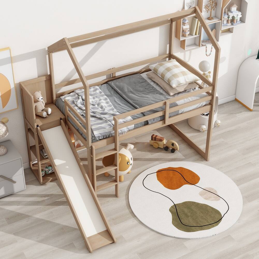 Angle. Loheer - Loheer Twin Loft Bed with Slide and Storage, Wood House Bed Frame - Wood Color.