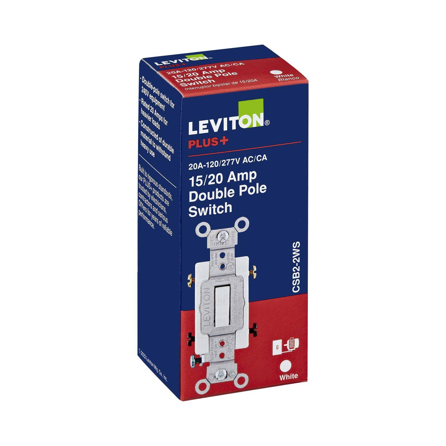 LEVITON  
PLUS+  
20A/120/277V AC/CA  
15/20 Amp Double Pole Switch  
White  
CSB22NWS  

LEVITON  
20A/120/277V AC/CA  
Double Pole Switch  
15/20 Amp  
White  

Constructed of durable, high-quality materials  
Double-pole switch for heavy-duty applications  
Rated for 20A  
277V AC/CA  
Double-pole switch  
White  

LEVITON  
20A/120/277V AC/CA  
15/20 Amp Double Pole Switch  
White  
CSB22NWS