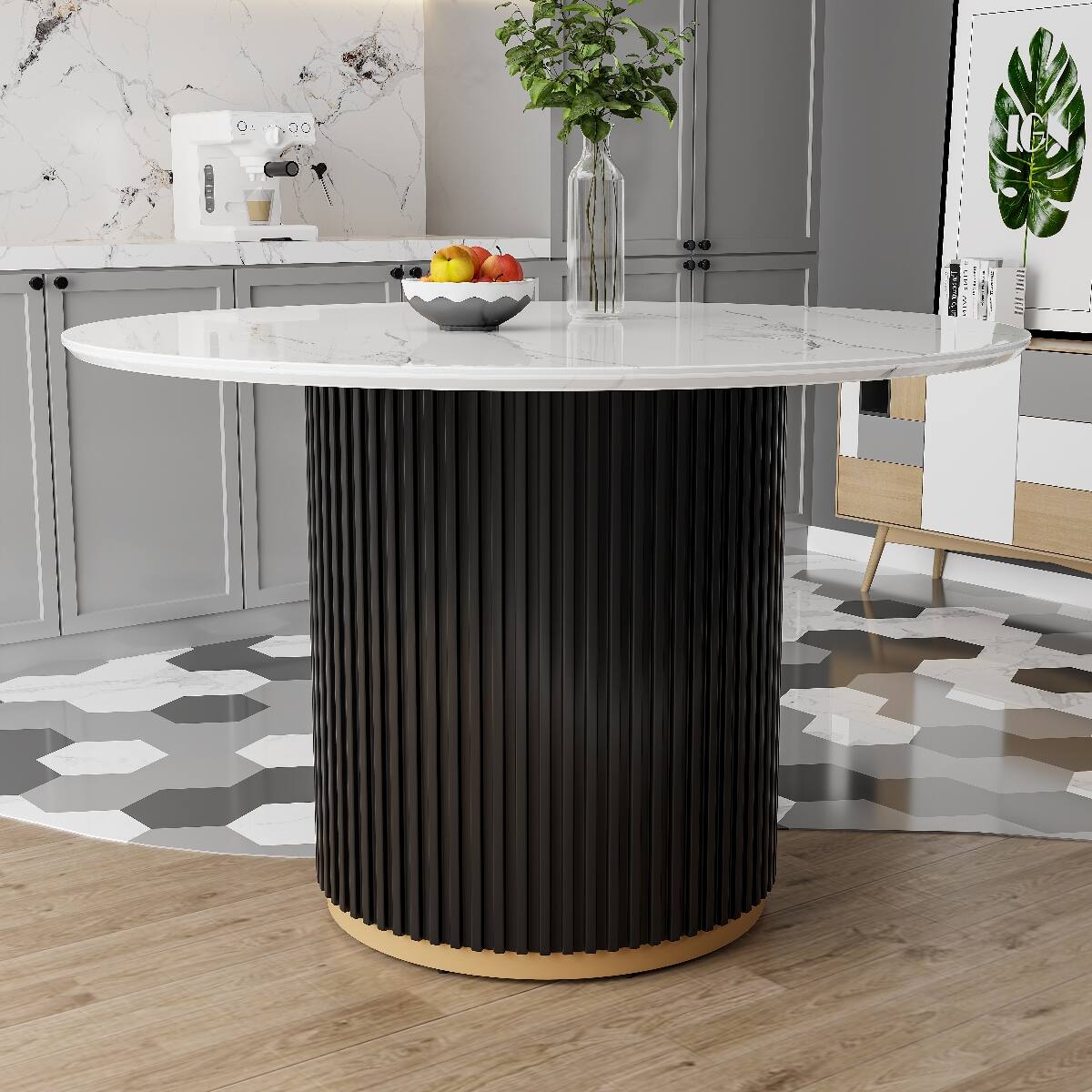 Back. Loheer - Loheer 46-Inch Round Faux Marble Dining Table with Black Fluted Metal Base for Four to Six - White, Black, Gold.