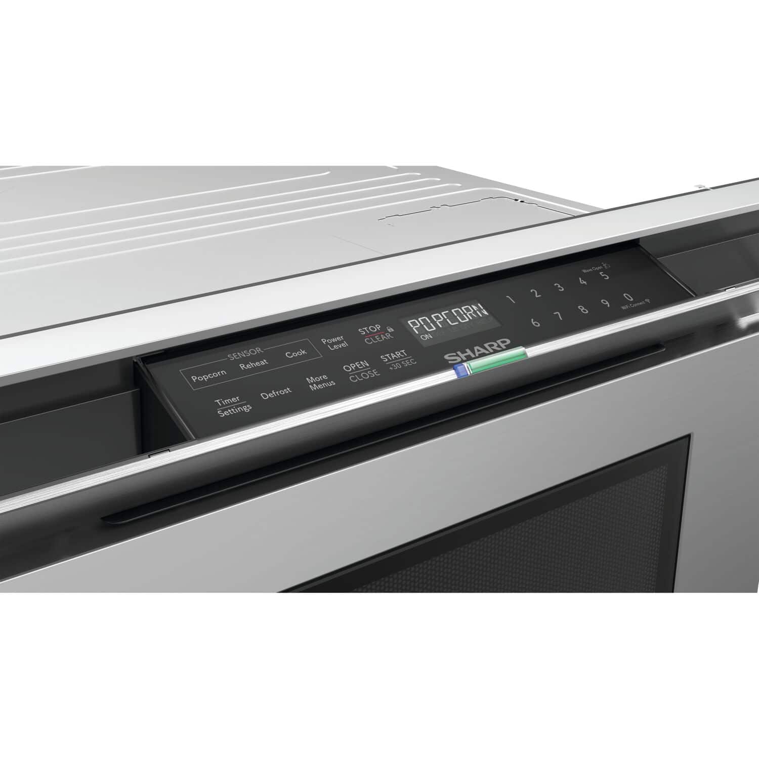 The text on the image reads:
"5 4 12345 3 1 2 0 9 Foo 6789 8 POPCORN PO 6 START Power CLEAR ON Level Sharp Sensor Gook START Reheat OPEN -30 SEC Popcorn More CLOSE Menus Timer Defrost Settings"
The text is grouped as follows:
1. "5 4 12345 3 1 2 0 9 Foo 6789 8 POPCORN PO 6 START" - This is a list of numbers and letters, possibly representing a code or settings for the appliance.
2. "Power CLEAR ON Level Sharp Sensor Gook START Reheat OPEN -30 SEC Popcorn More CLOSE Menus Timer Defrost Settings" - This is a description of the appliance's functions, including power, clear, open, start, reheat, and defrost settings.