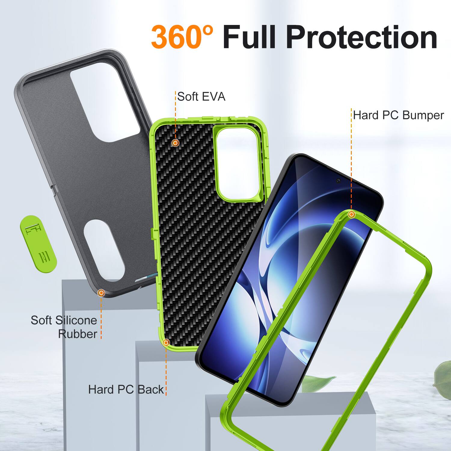 360° Full Protection

- Soft EVA
- Hard PC Bumper
- Soft Silicone Rubber
- Hard PC Back