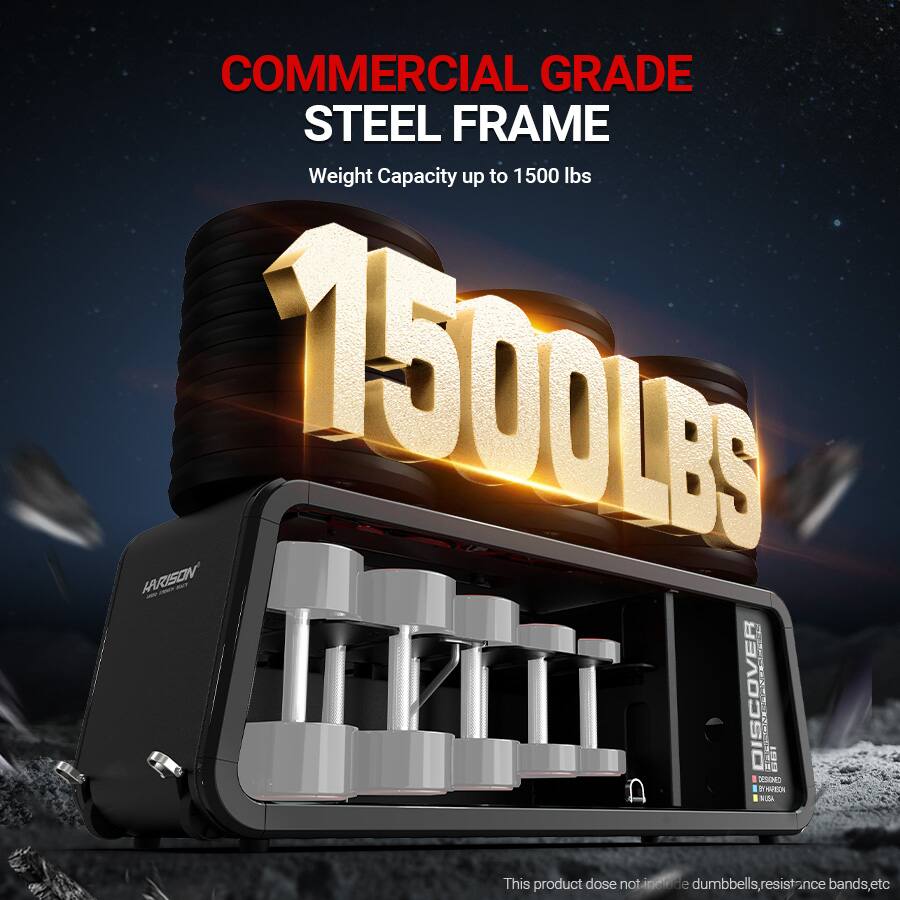 COMMERCIAL GRADE STEEL FRAME  
Weight Capacity up to 1500 lbs  

ARUSON - 1500LRS: DISCOVER nothing!  

This product does not include dumbbells, resistance bands, etc.