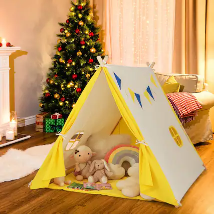 Front. Gymax - Gymax Kids Play Tent Triangular Kids & Toddlers Tent with Solid Wood Frame Beige - Beige, Yellow.
