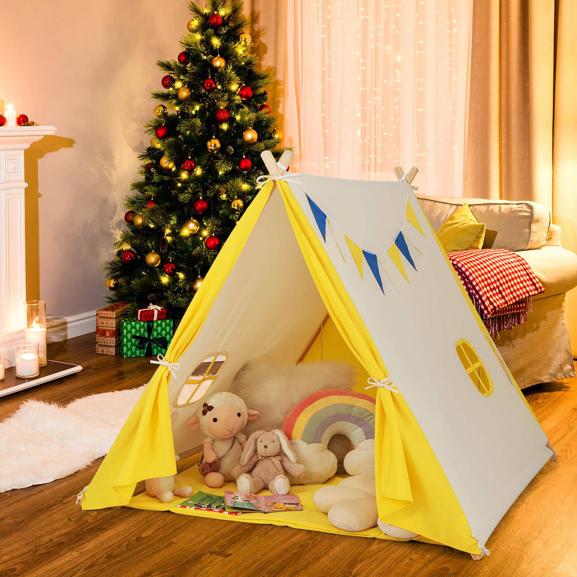 Gymax - Kids Play Tent Triangular Kids & Toddlers Tent with Solid Wood Frame Beige - Beige, Yellow