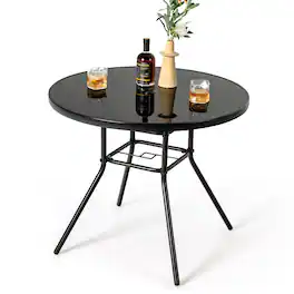Costway - 34 Inch Patio Dining Table Round Tempered Glass Tabletop with 1.5" Umbrella Hole - Black
