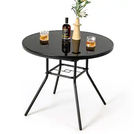 Front. Costway - Costway 34 Inch Patio Dining Table Round Tempered Glass Tabletop with 1.5" Umbrella Hole - Black.