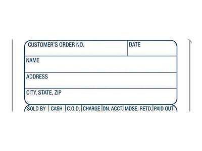 CUSTOMER'S ORDER NO. DATE  
NAME  
ADDRESS  
CITY, STATE, ZIP  

SOLD BY | CASH | C.O.D. | CHARGE | ON ACCT. | MDSE. RETD. | PAID OUT