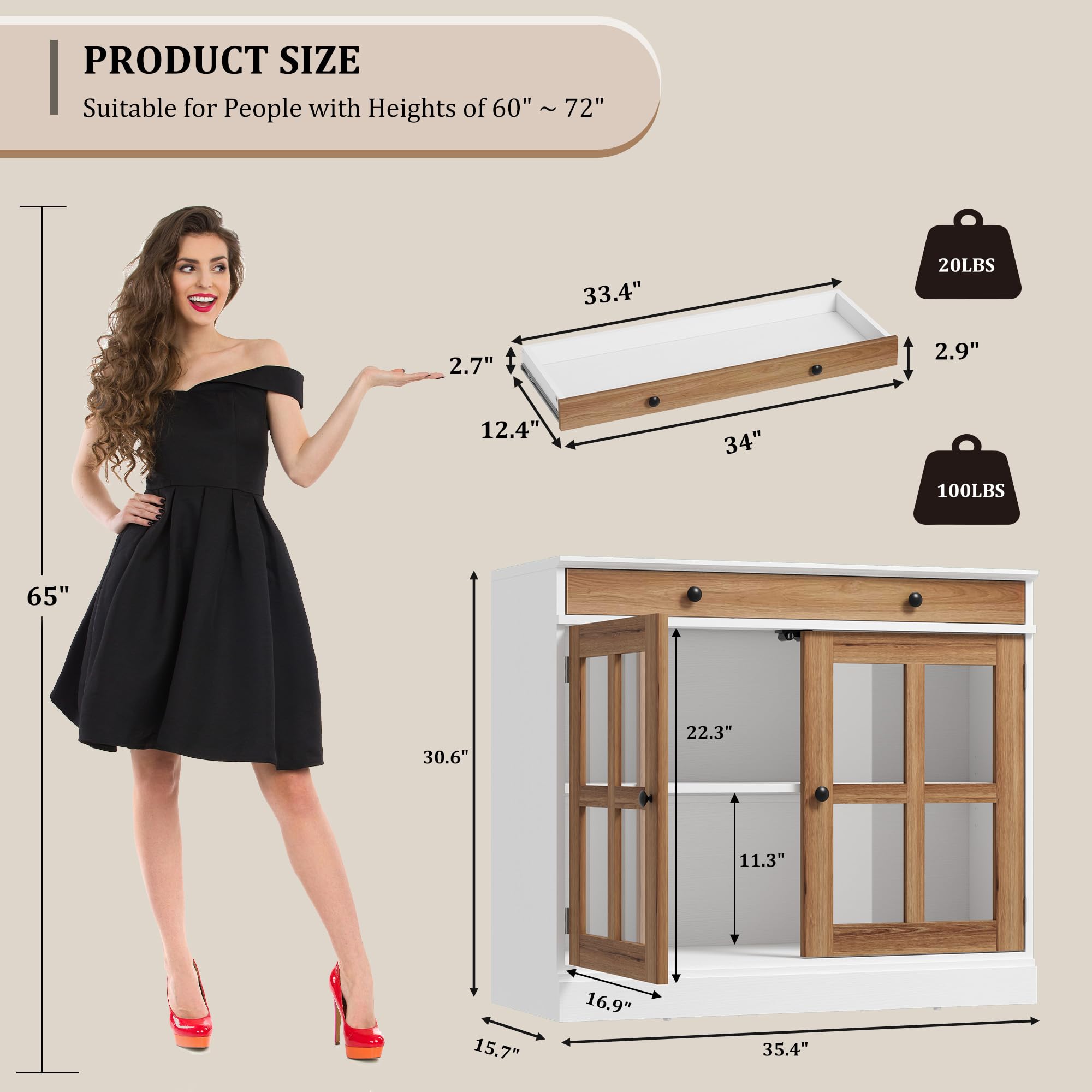 PRODUCT SIZE  
Suitable for People with Heights of 60" ~ 72"  

- 33.4" (Length)  
- 2.9" (Height)  
- 34" (Width)  
- 2.7" (Depth)  
- 12.4" (Depth)  

- 65" (Height)  
- 30.6" (Height)  
- 15.7" (Depth)  
- 16.9" (Height)  
- 22.3" (Height)  
- 11.3" (Height)  
- 35.4" (Width)  

20LBS  
100LBS