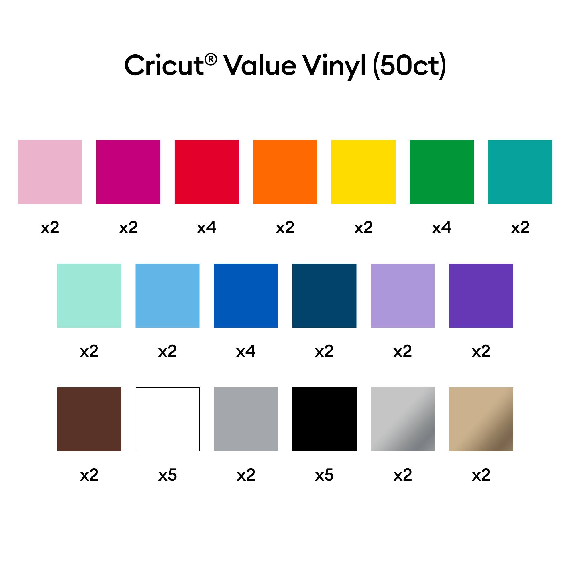 Cricut® Value Vinyl (50ct)

- Pink x2
- Purple x2
- Red x4
- Orange x2
- Yellow x2
- Green x4
- Teal x2

- Light Green x2
- Light Blue x2
- Blue x4
- Dark Blue x2
- Purple x2
- Dark Purple x2

- Brown x2
- White x5
- Gray x2
- Black x5
- Silver x2
- Beige x2