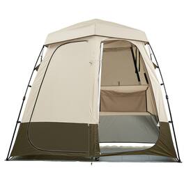 HTUTWOO - Camping Shower Tent-2-Room Foldable Privacy Changing Tent,150D Oxford Silver Coating with Crossbar,Ground Stakes, Ropes - Khaki