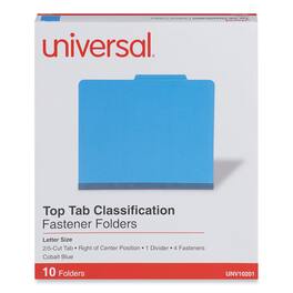 Universal - Bright Colored Pressboard Classification Folders, 2" Expansion, 1 Divider, 4 Fasteners, Letter Size, Cobalt Blue, 10/Box