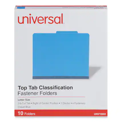 Top Tab Classification
Fastener Folders
Letter Size
2/5-Cut Tab • Right of Center Position • 1 Divider • 4 Fasteners
Cobalt Blue
10 Folders
UNV10201